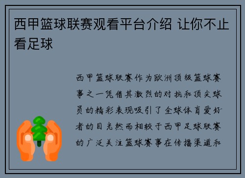 西甲篮球联赛观看平台介绍 让你不止看足球
