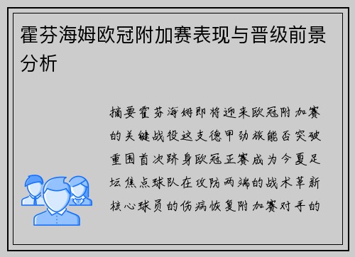 霍芬海姆欧冠附加赛表现与晋级前景分析